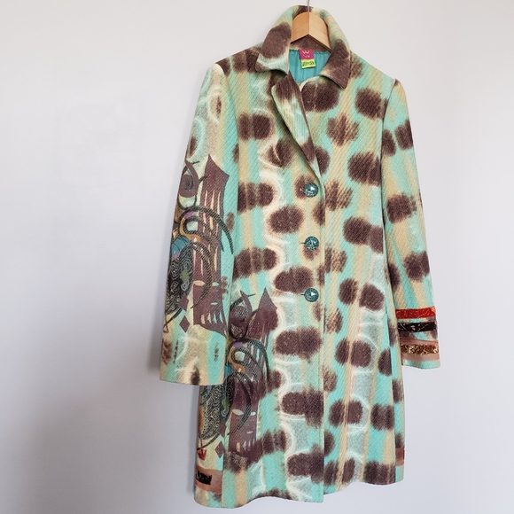 SAVE THE QUEEN NWOT, WOOL AQUA, BROWN MIDI COAT, SIZE M, NEW - Picture 16 of 16
